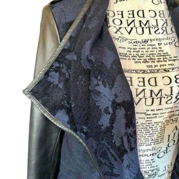 Vintage 90s Size S Black Leather Floral Embroidered Velvet Open Front Jacket - Picture 2 of 11
